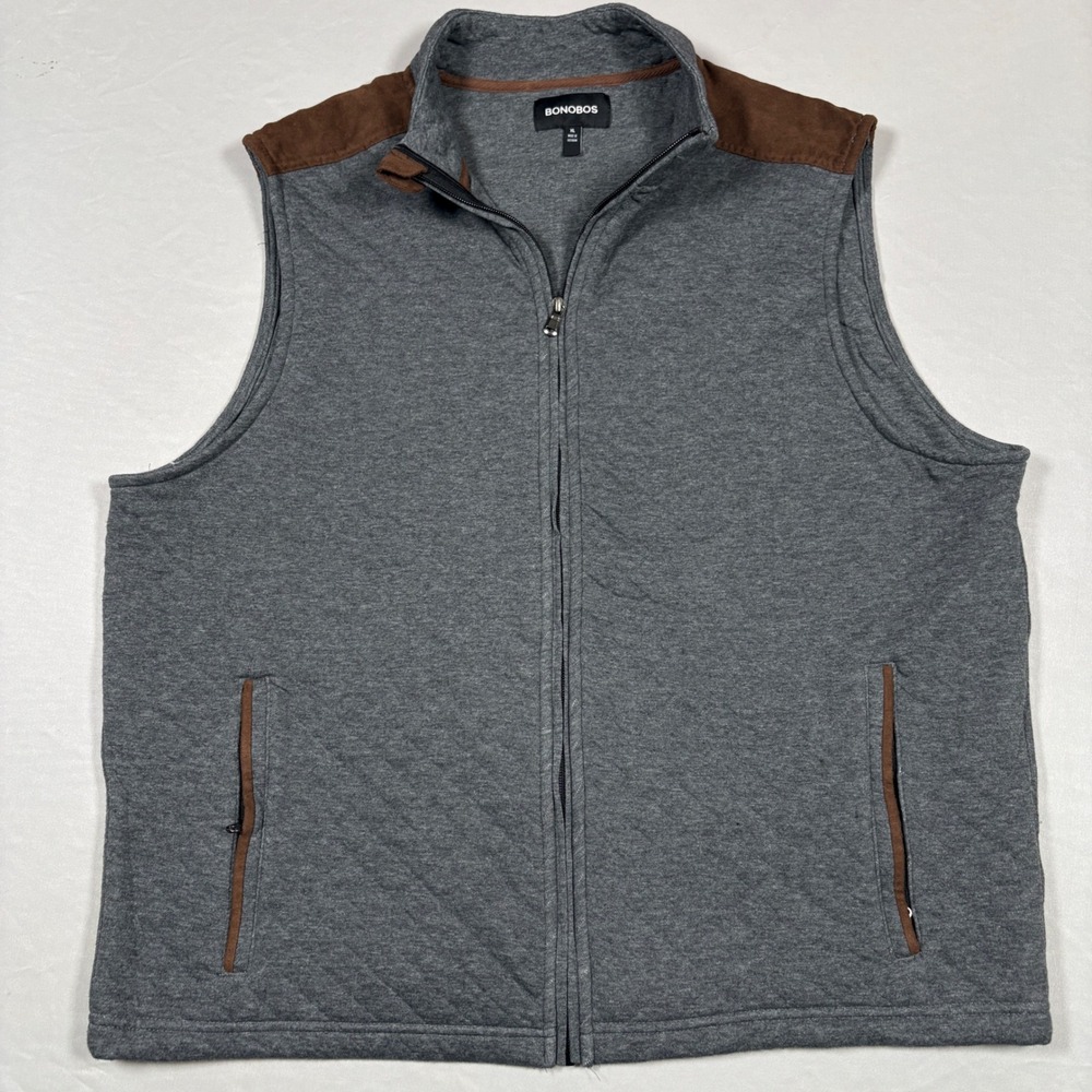 Bonobos Vest Mens XL Gray Brown Microsuede Trim Quilted Full Zip Mock Neck